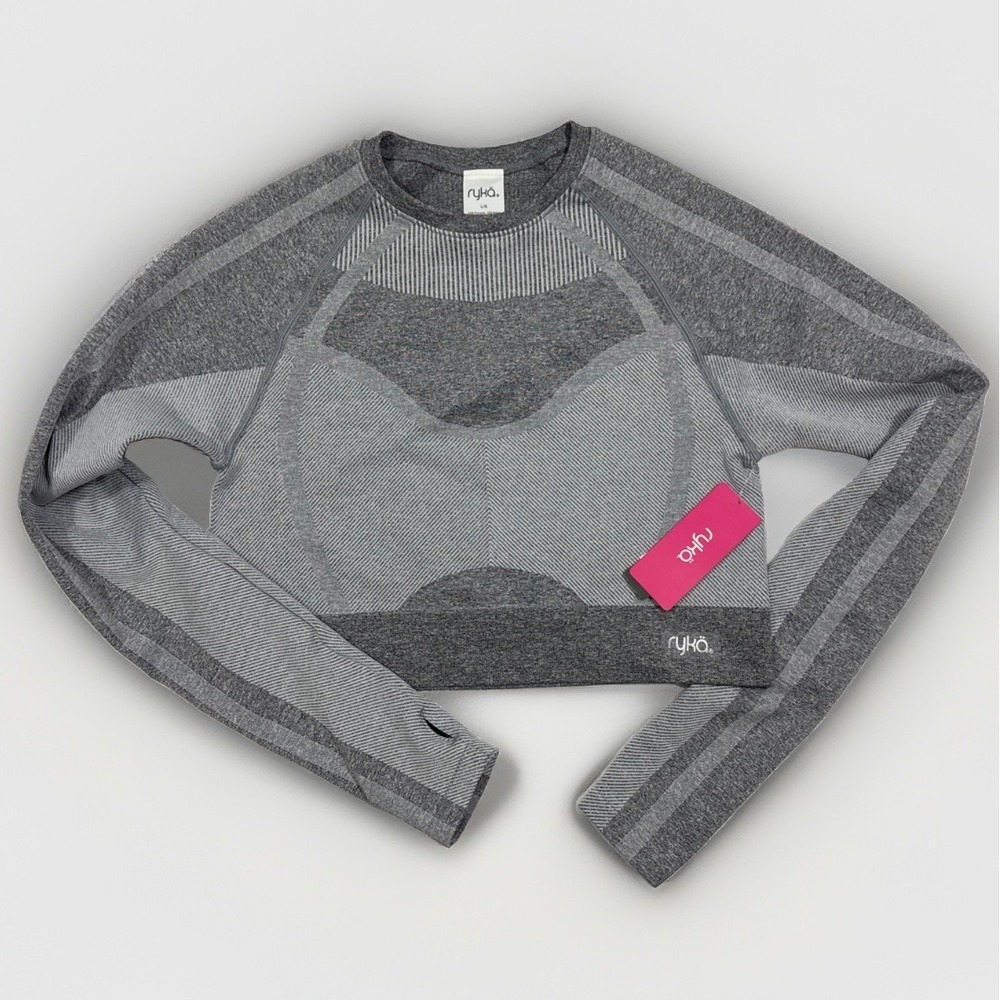 NWT Ryka Gray Space Dye Seamless Knit Performance Crop Top Long Sleeve L